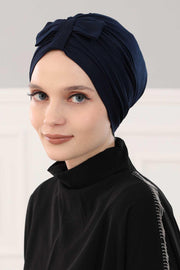 Stylish Bowtie Instant Turban Hijab Bonnet Cap for Women, Easy to Wear Jersey Headwrap with Chic Knot Detail, Modern Modest Fashion,B-7 Navy Blue