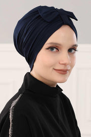 Stylish Bowtie Instant Turban Hijab Bonnet Cap for Women, Easy to Wear Jersey Headwrap with Chic Knot Detail, Modern Modest Fashion,B-7 Navy Blue