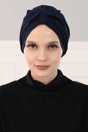 Stylish Bowtie Instant Turban Hijab Bonnet Cap for Women, Easy to Wear Jersey Headwrap with Chic Knot Detail, Modern Modest Fashion,B-7 Navy Blue