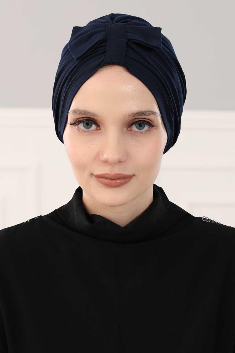 Stylish Bowtie Instant Turban Hijab Bonnet Cap for Women, Easy to Wear Jersey Headwrap with Chic Knot Detail, Modern Modest Fashion,B-7 Navy Blue