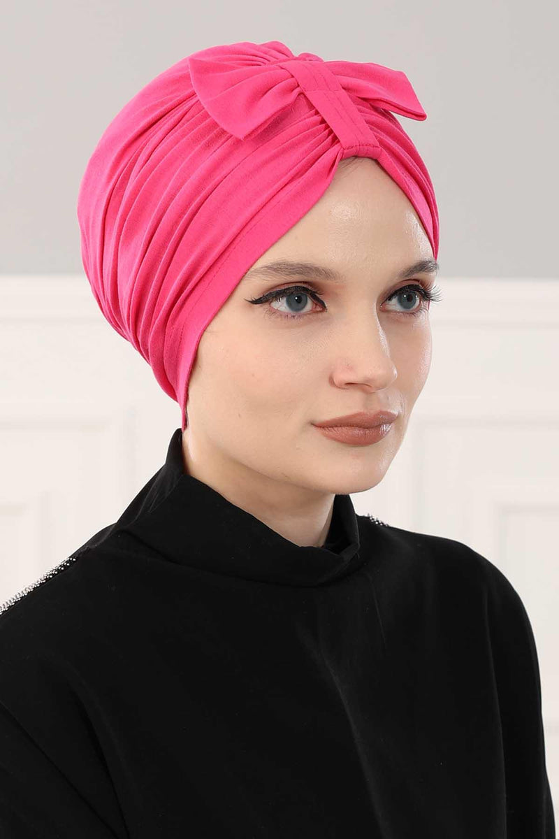 Stylish Bowtie Instant Turban Hijab Bonnet Cap for Women, Easy to Wear Jersey Headwrap with Chic Knot Detail, Modern Modest Fashion,B-7 Fuchsia