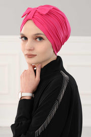Stylish Bowtie Instant Turban Hijab Bonnet Cap for Women, Easy to Wear Jersey Headwrap with Chic Knot Detail, Modern Modest Fashion,B-7 Fuchsia