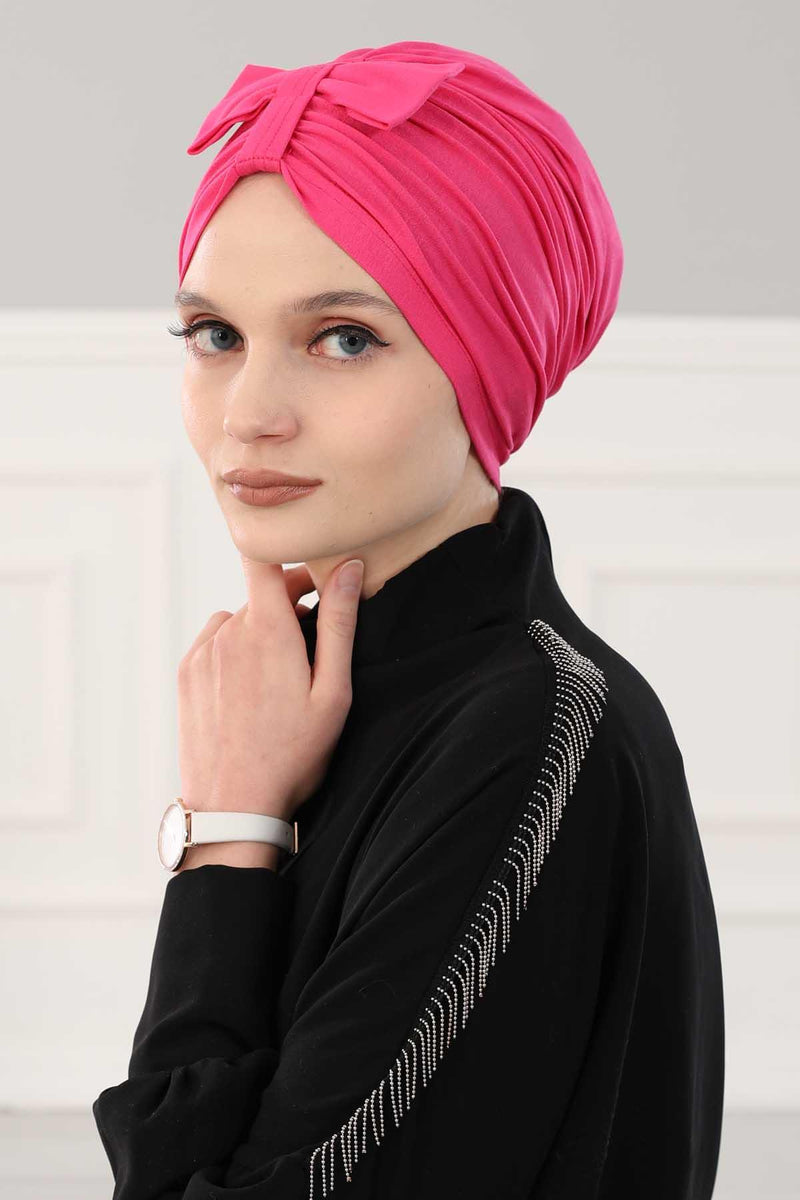 Stylish Bowtie Instant Turban Hijab Bonnet Cap for Women, Easy to Wear Jersey Headwrap with Chic Knot Detail, Modern Modest Fashion,B-7 Fuchsia