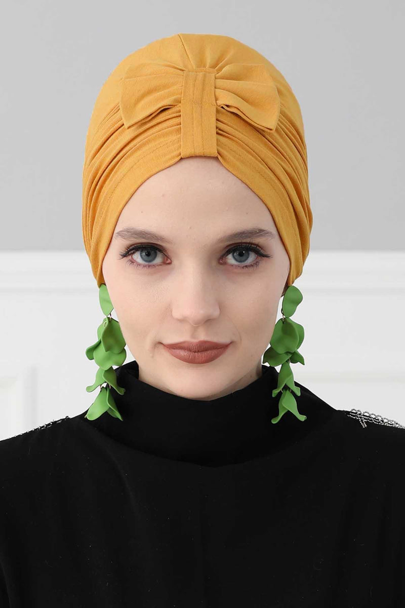 Stylish Bowtie Instant Turban Hijab Bonnet Cap for Women, Easy to Wear Jersey Headwrap with Chic Knot Detail, Modern Modest Fashion,B-7 Mustard Yellow