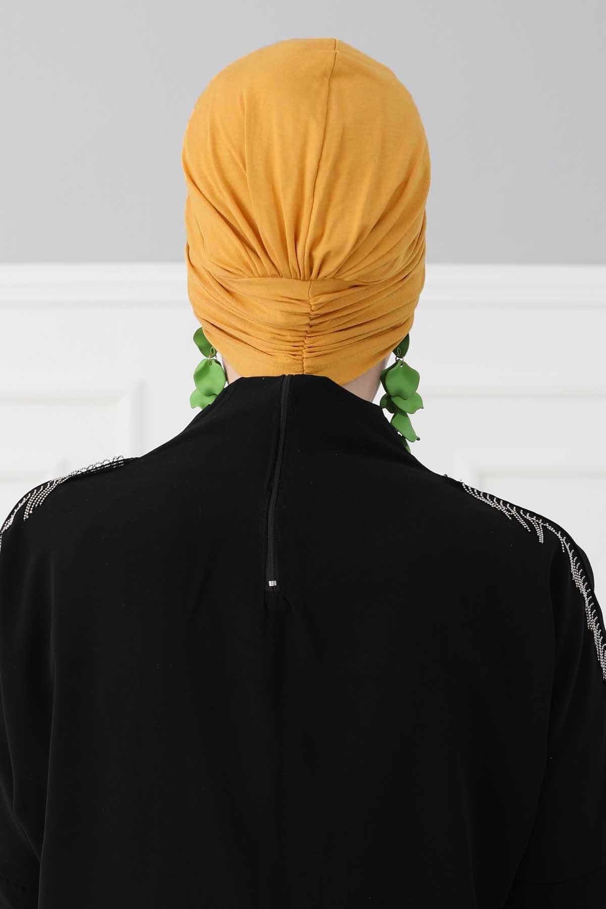 Stylish Bowtie Instant Turban Hijab Bonnet Cap for Women, Easy to Wear Jersey Headwrap with Chic Knot Detail, Modern Modest Fashion,B-7 Mustard Yellow