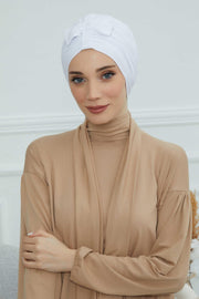 Stylish Bowtie Instant Turban Hijab Bonnet Cap for Women, Easy to Wear Jersey Headwrap with Chic Knot Detail, Modern Modest Fashion,B-7 White