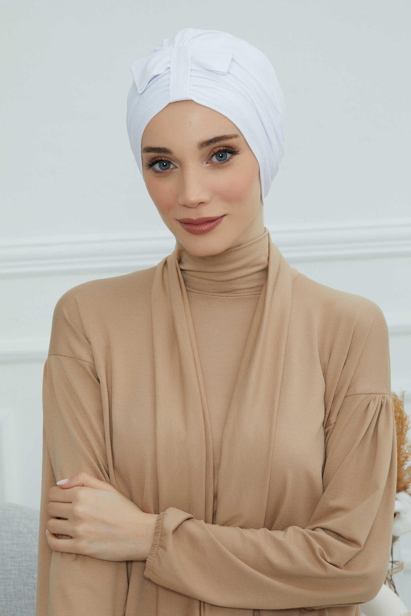 Stylish Bowtie Instant Turban Hijab Bonnet Cap for Women, Easy to Wear Jersey Headwrap with Chic Knot Detail, Modern Modest Fashion,B-7 White