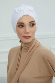 Stylish Bowtie Instant Turban Hijab Bonnet Cap for Women, Easy to Wear Jersey Headwrap with Chic Knot Detail, Modern Modest Fashion,B-7 White
