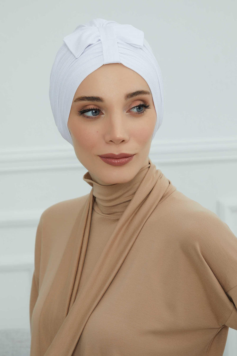Stylish Bowtie Instant Turban Hijab Bonnet Cap for Women, Easy to Wear Jersey Headwrap with Chic Knot Detail, Modern Modest Fashion,B-7 White