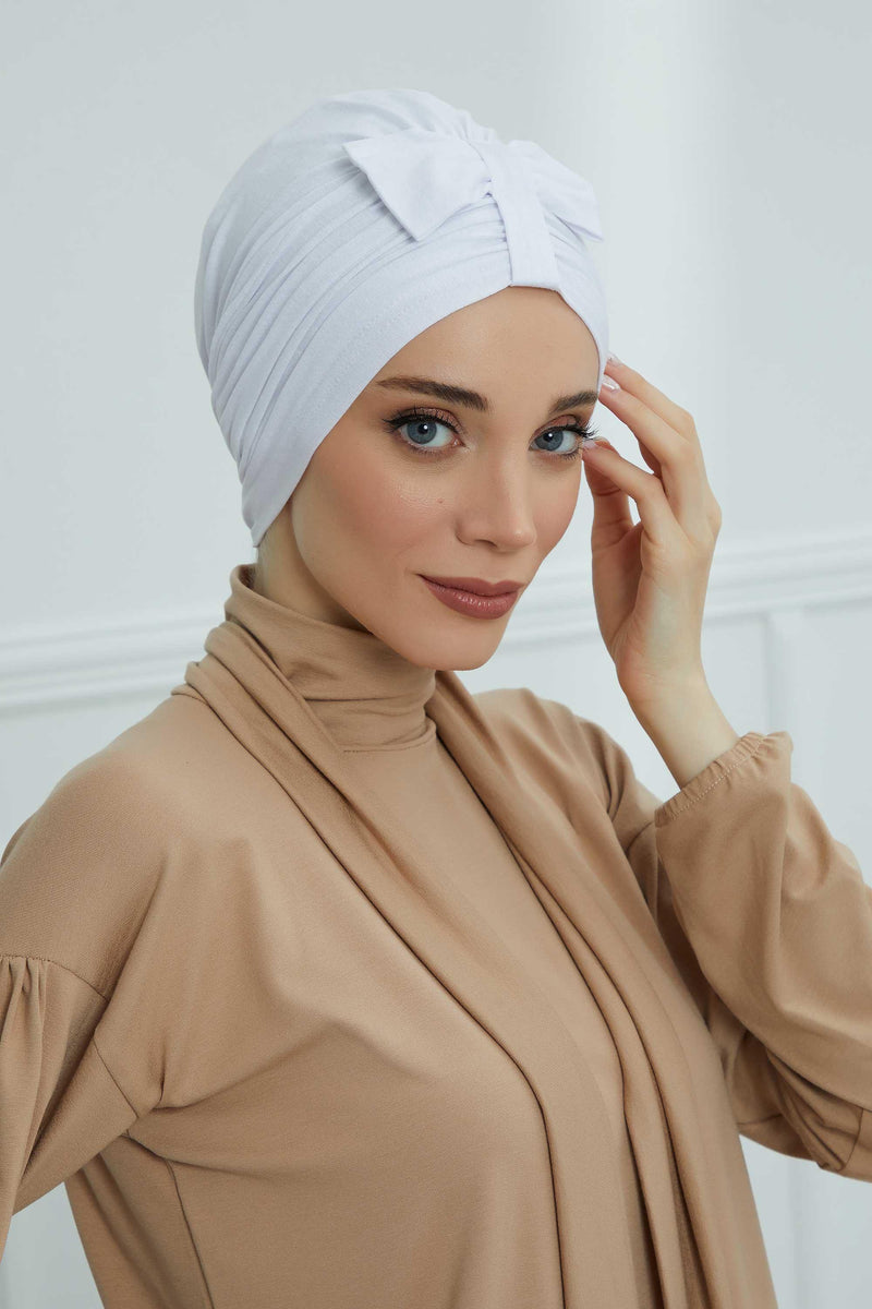 Stylish Bowtie Instant Turban Hijab Bonnet Cap for Women, Easy to Wear Jersey Headwrap with Chic Knot Detail, Modern Modest Fashion,B-7 White