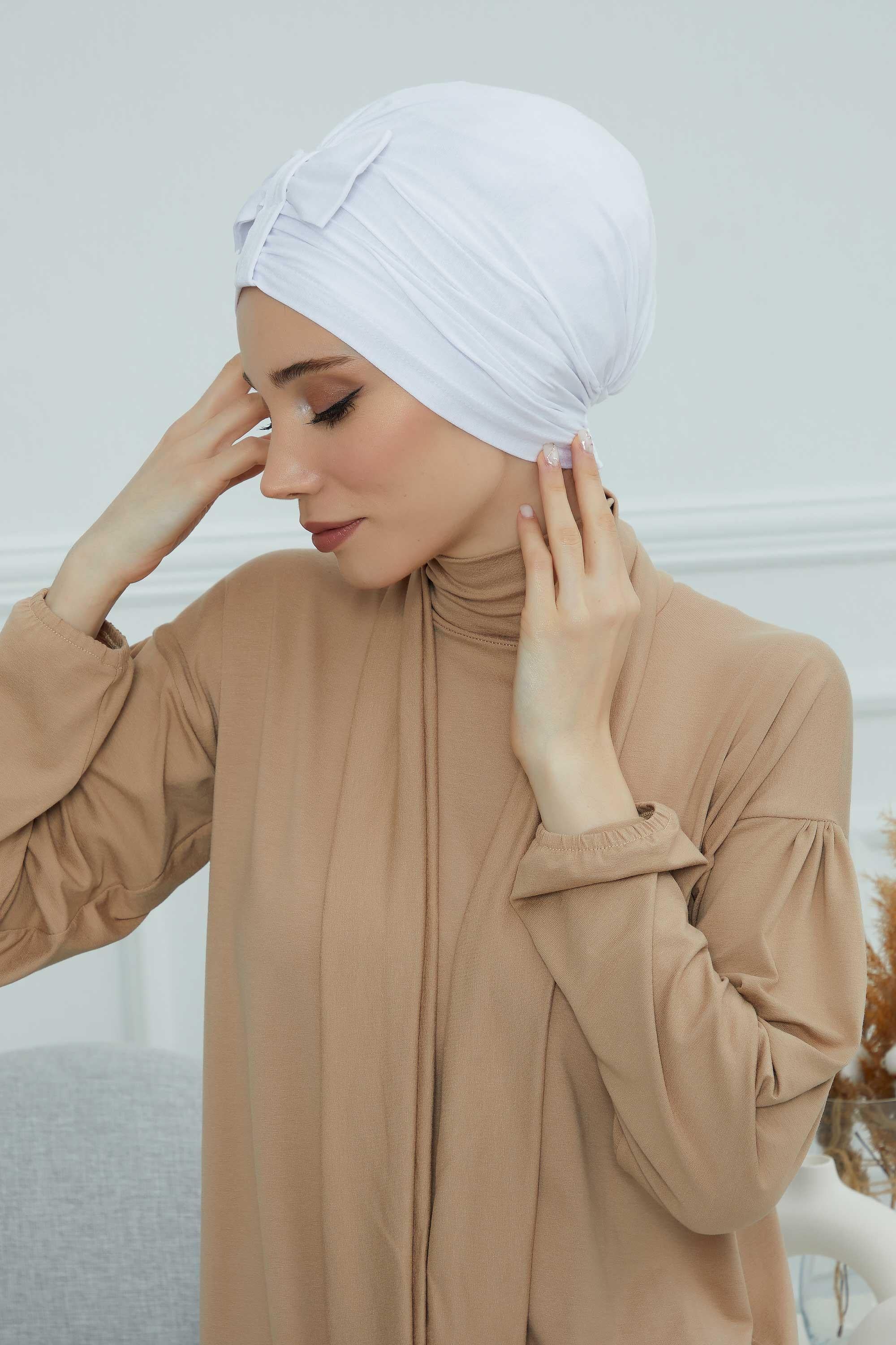 Stylish Bowtie Instant Turban Hijab Bonnet Cap for Women, Easy to Wear Jersey Headwrap with Chic Knot Detail, Modern Modest Fashion,B-7 White