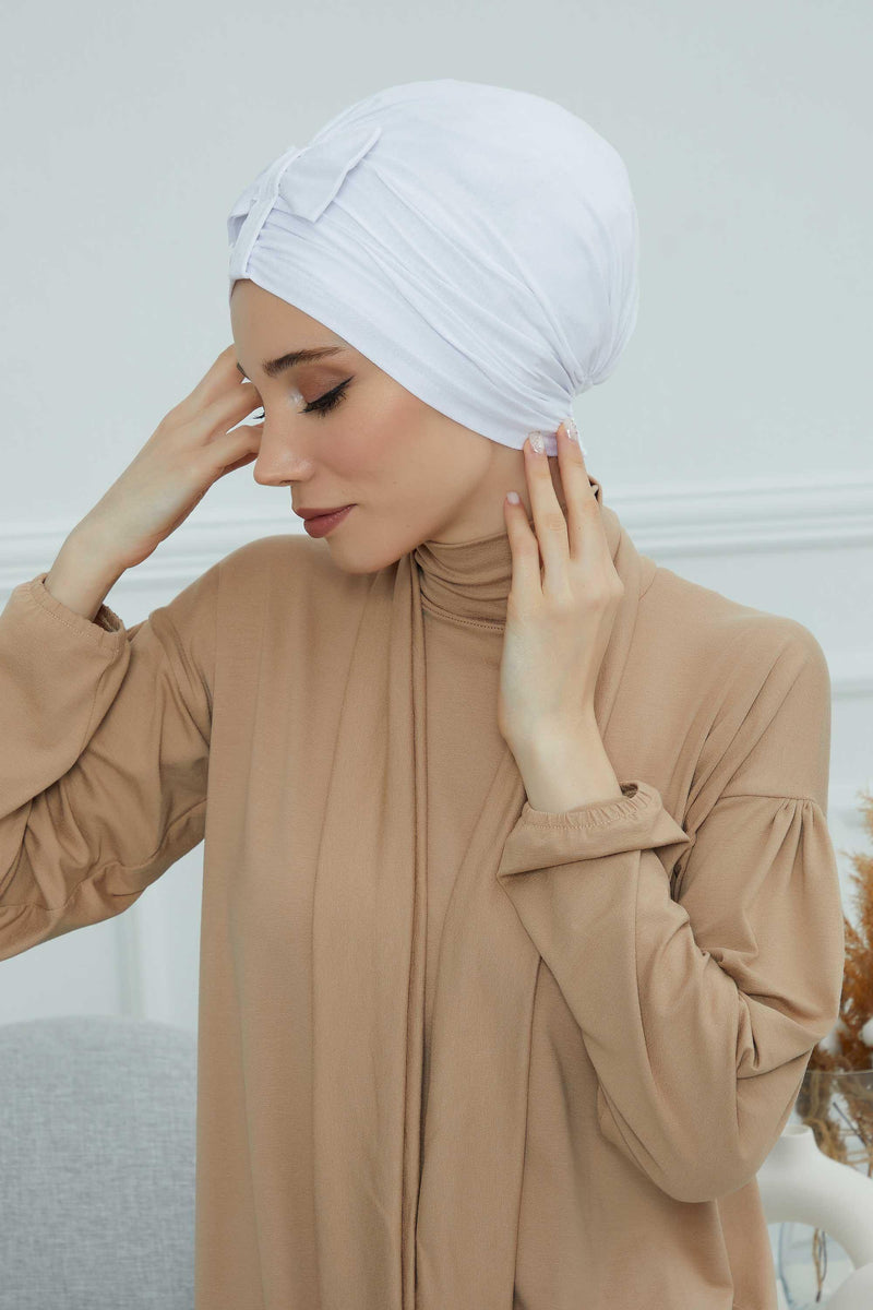 Stylish Bowtie Instant Turban Hijab Bonnet Cap for Women, Easy to Wear Jersey Headwrap with Chic Knot Detail, Modern Modest Fashion,B-7 White