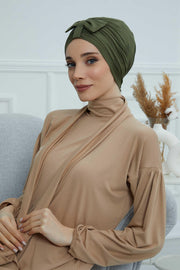 Stylish Bowtie Instant Turban Hijab Bonnet Cap for Women, Easy to Wear Jersey Headwrap with Chic Knot Detail, Modern Modest Fashion,B-7 Army Green
