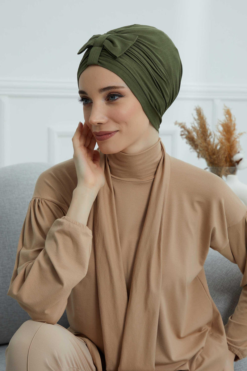 Stylish Bowtie Instant Turban Hijab Bonnet Cap for Women, Easy to Wear Jersey Headwrap with Chic Knot Detail, Modern Modest Fashion,B-7 Army Green