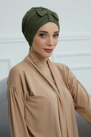 Stylish Bowtie Instant Turban Hijab Bonnet Cap for Women, Easy to Wear Jersey Headwrap with Chic Knot Detail, Modern Modest Fashion,B-7 Army Green