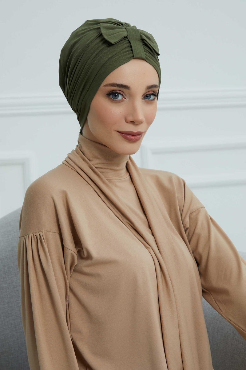Stylish Bowtie Instant Turban Hijab Bonnet Cap for Women, Easy to Wear Jersey Headwrap with Chic Knot Detail, Modern Modest Fashion,B-7 Army Green