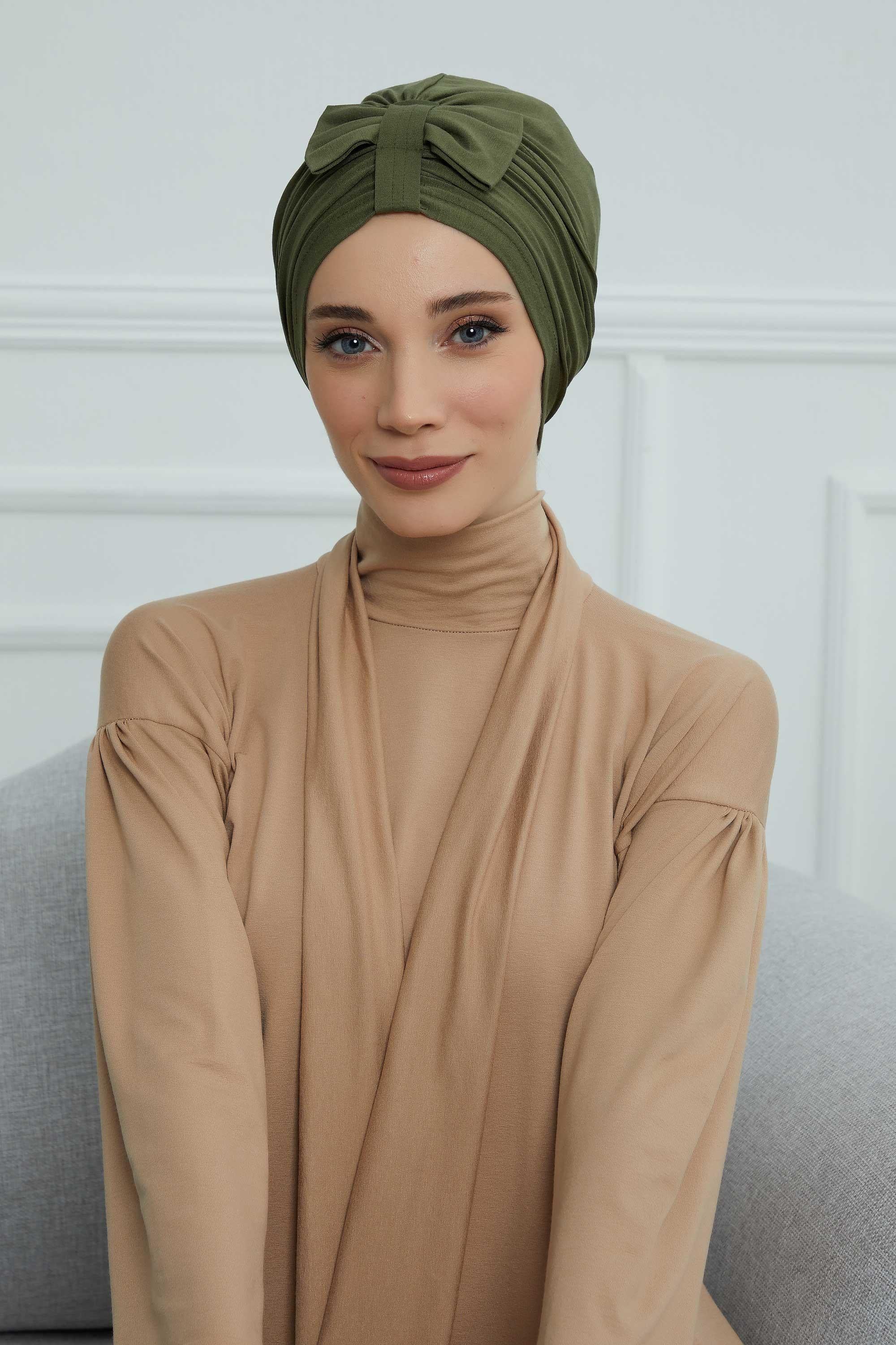 Stylish Bowtie Instant Turban Hijab Bonnet Cap for Women, Easy to Wear Jersey Headwrap with Chic Knot Detail, Modern Modest Fashion,B-7 Army Green