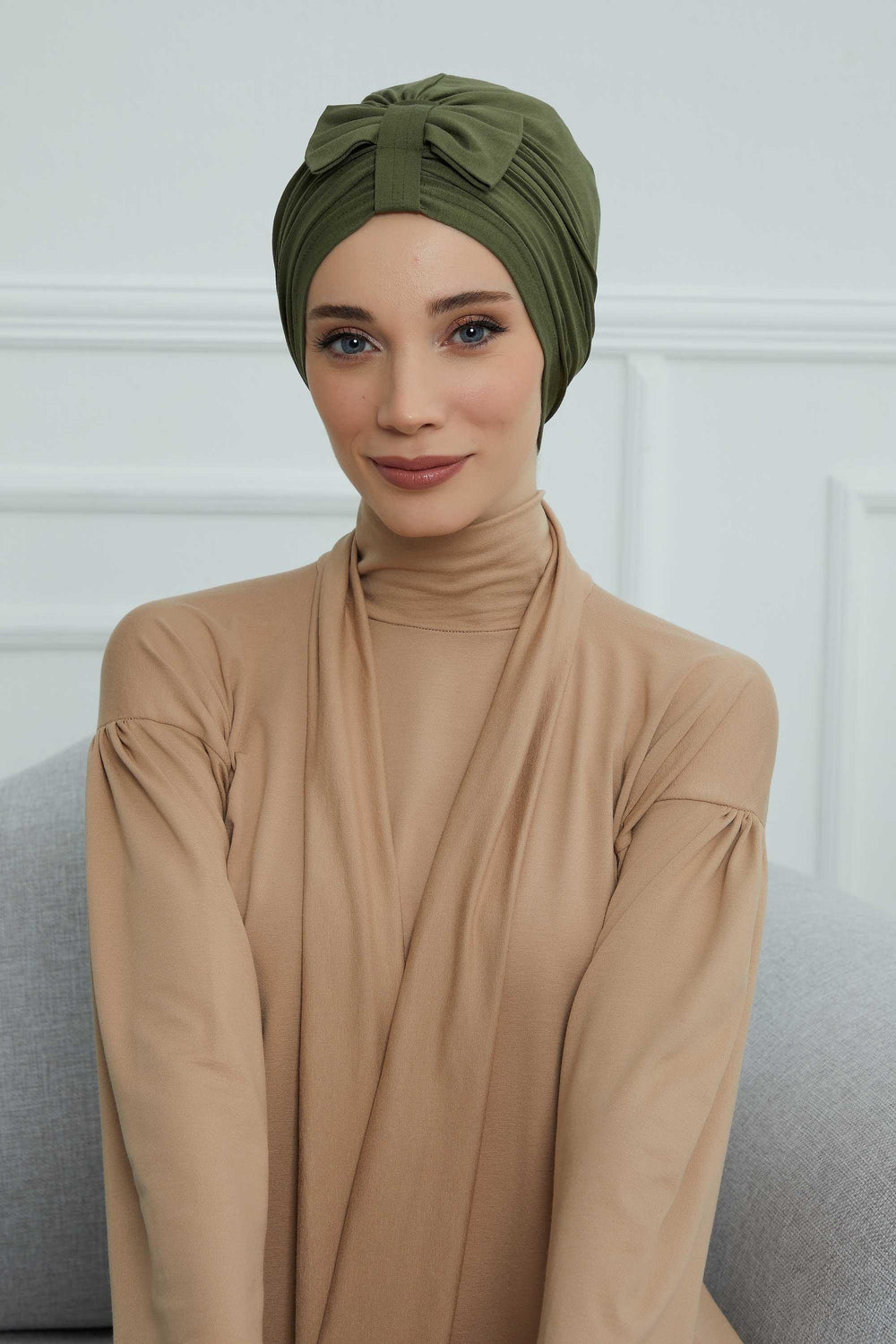 Stylish Bowtie Instant Turban Hijab Bonnet Cap for Women, Easy to Wear Jersey Headwrap with Chic Knot Detail, Modern Modest Fashion,B-7 Army Green