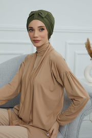 Stylish Bowtie Instant Turban Hijab Bonnet Cap for Women, Easy to Wear Jersey Headwrap with Chic Knot Detail, Modern Modest Fashion,B-7 Army Green