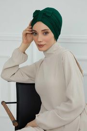 Stylish Bowtie Instant Turban Hijab Bonnet Cap for Women, Easy to Wear Jersey Headwrap with Chic Knot Detail, Modern Modest Fashion,B-7 Green