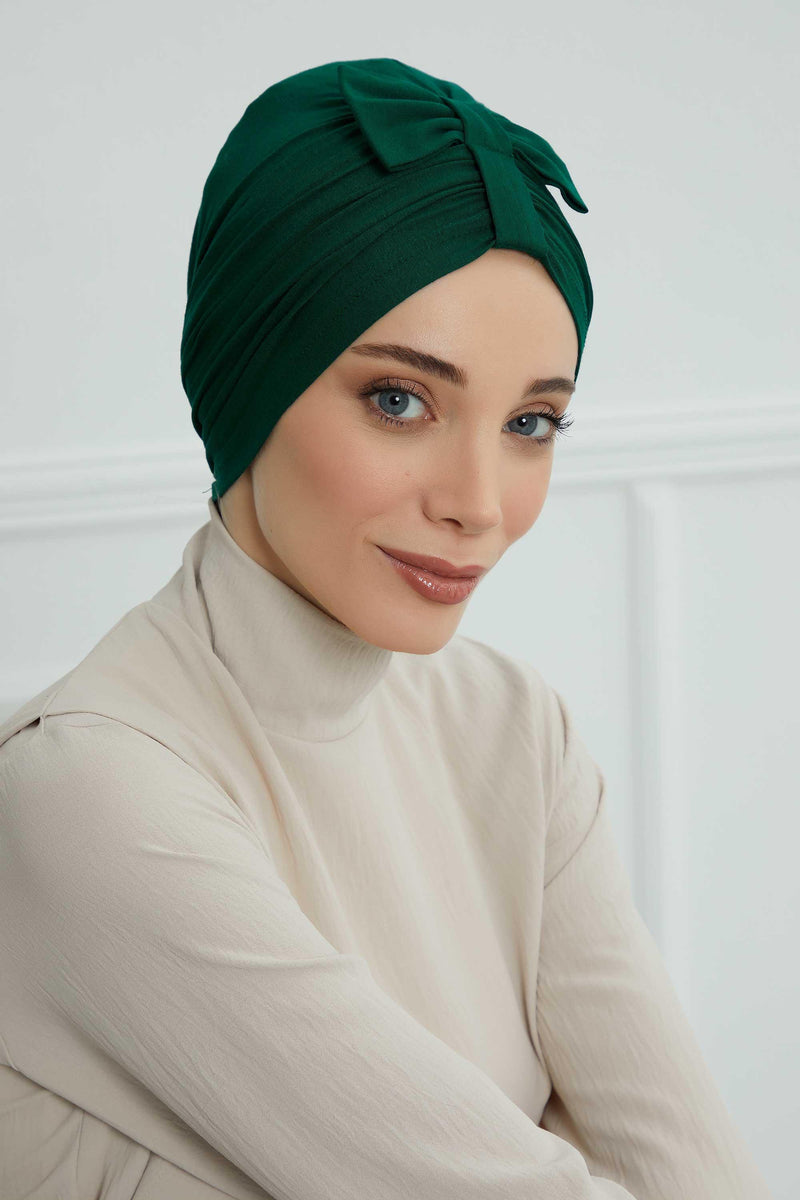 Stylish Bowtie Instant Turban Hijab Bonnet Cap for Women, Easy to Wear Jersey Headwrap with Chic Knot Detail, Modern Modest Fashion,B-7 Green