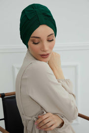 Stylish Bowtie Instant Turban Hijab Bonnet Cap for Women, Easy to Wear Jersey Headwrap with Chic Knot Detail, Modern Modest Fashion,B-7 Green
