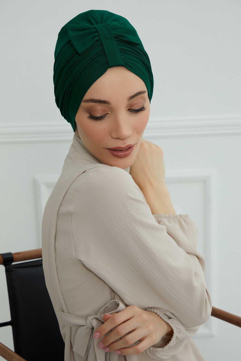 Stylish Bowtie Instant Turban Hijab Bonnet Cap for Women, Easy to Wear Jersey Headwrap with Chic Knot Detail, Modern Modest Fashion,B-7 Green