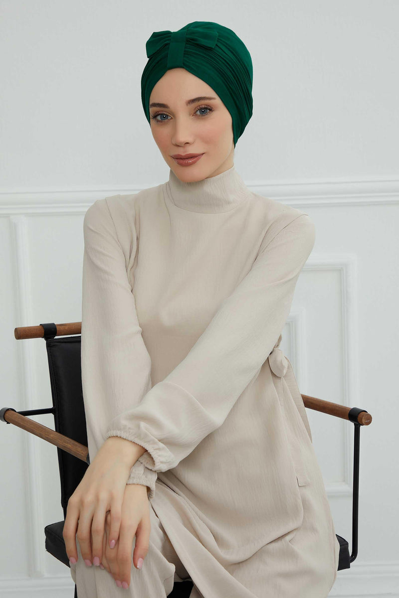 Stylish Bowtie Instant Turban Hijab Bonnet Cap for Women, Easy to Wear Jersey Headwrap with Chic Knot Detail, Modern Modest Fashion,B-7 Green
