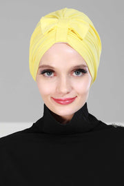 Stylish Bowtie Instant Turban Hijab Bonnet Cap for Women, Easy to Wear Jersey Headwrap with Chic Knot Detail, Modern Modest Fashion,B-7 Yellow