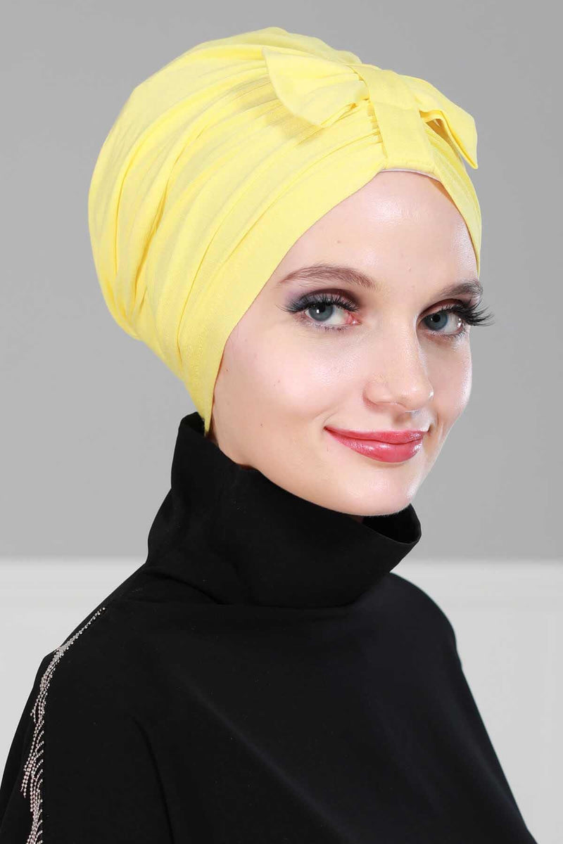 Stylish Bowtie Instant Turban Hijab Bonnet Cap for Women, Easy to Wear Jersey Headwrap with Chic Knot Detail, Modern Modest Fashion,B-7 Yellow