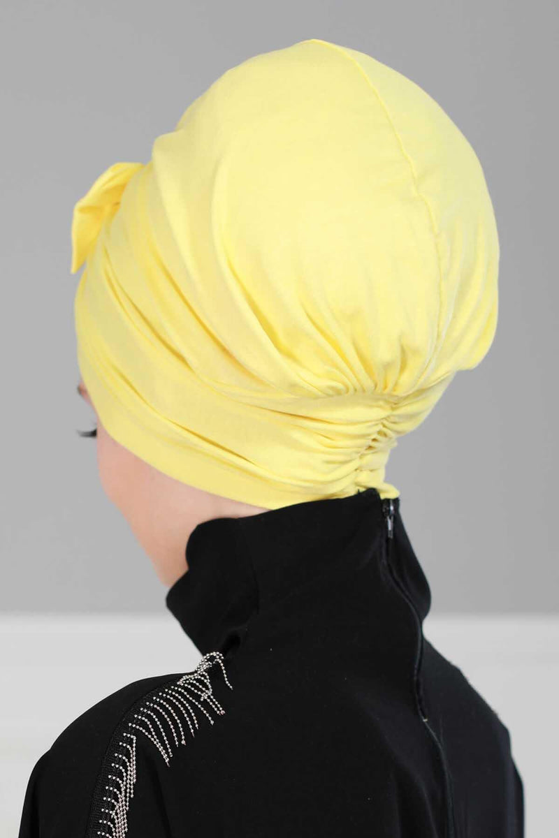 Stylish Bowtie Instant Turban Hijab Bonnet Cap for Women, Easy to Wear Jersey Headwrap with Chic Knot Detail, Modern Modest Fashion,B-7 Yellow