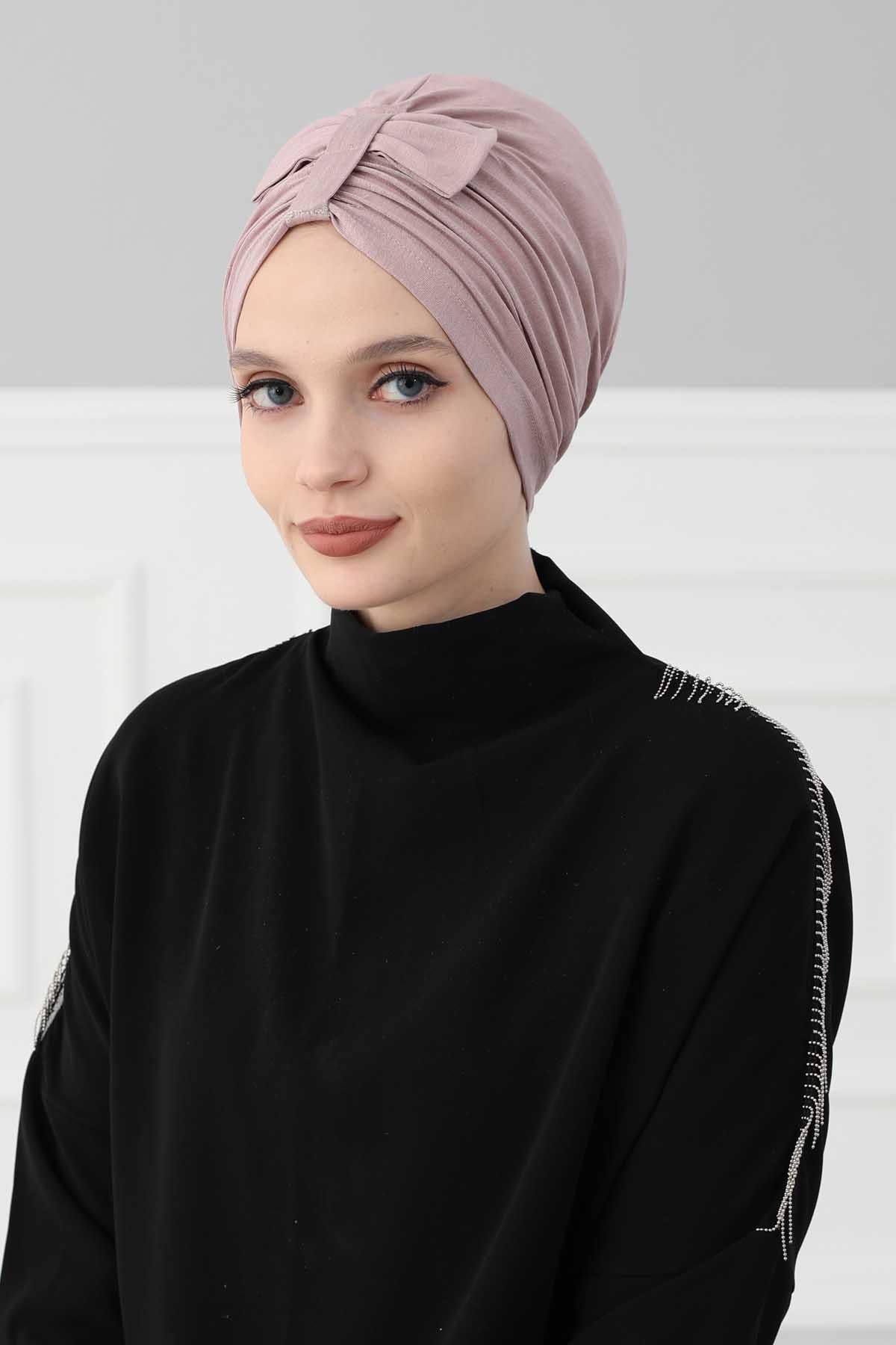 Stylish Bowtie Instant Turban Hijab Bonnet Cap for Women, Easy to Wear Jersey Headwrap with Chic Knot Detail, Modern Modest Fashion,B-7 Mink