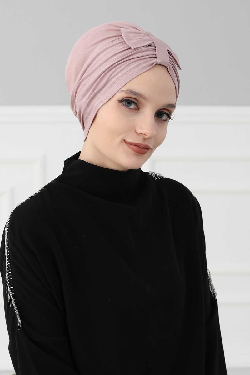 Stylish Bowtie Instant Turban Hijab Bonnet Cap for Women, Easy to Wear Jersey Headwrap with Chic Knot Detail, Modern Modest Fashion,B-7 Mink