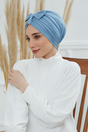 Stylish Bowtie Instant Turban Hijab Bonnet Cap for Women, Easy to Wear Jersey Headwrap with Chic Knot Detail, Modern Modest Fashion,B-7 Blue