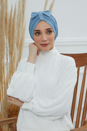 Stylish Bowtie Instant Turban Hijab Bonnet Cap for Women, Easy to Wear Jersey Headwrap with Chic Knot Detail, Modern Modest Fashion,B-7 Blue