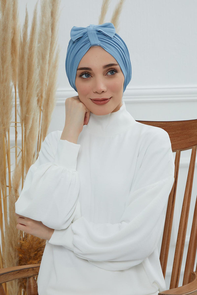 Stylish Bowtie Instant Turban Hijab Bonnet Cap for Women, Easy to Wear Jersey Headwrap with Chic Knot Detail, Modern Modest Fashion,B-7 Blue