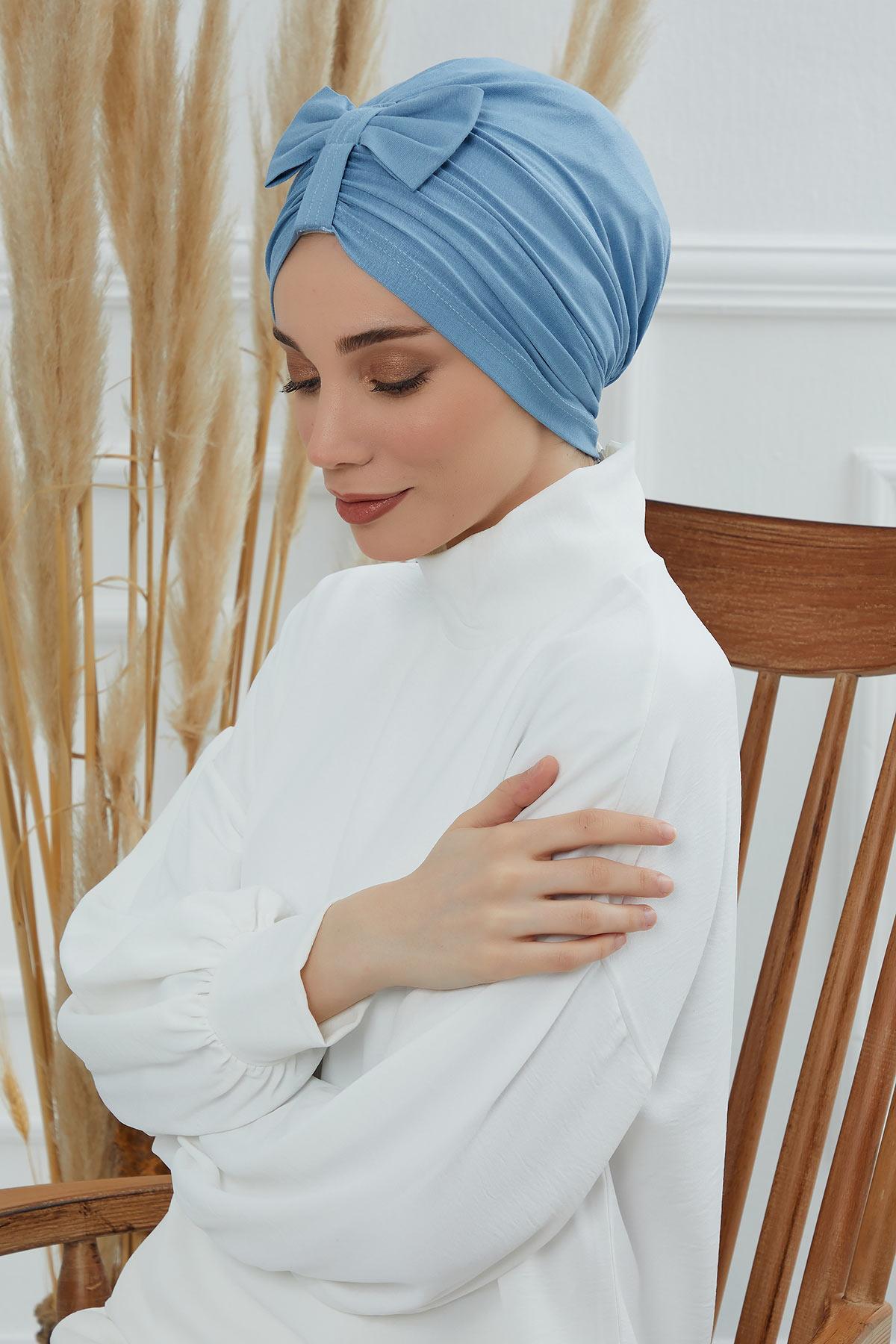 Stylish Bowtie Instant Turban Hijab Bonnet Cap for Women, Easy to Wear Jersey Headwrap with Chic Knot Detail, Modern Modest Fashion,B-7 Blue