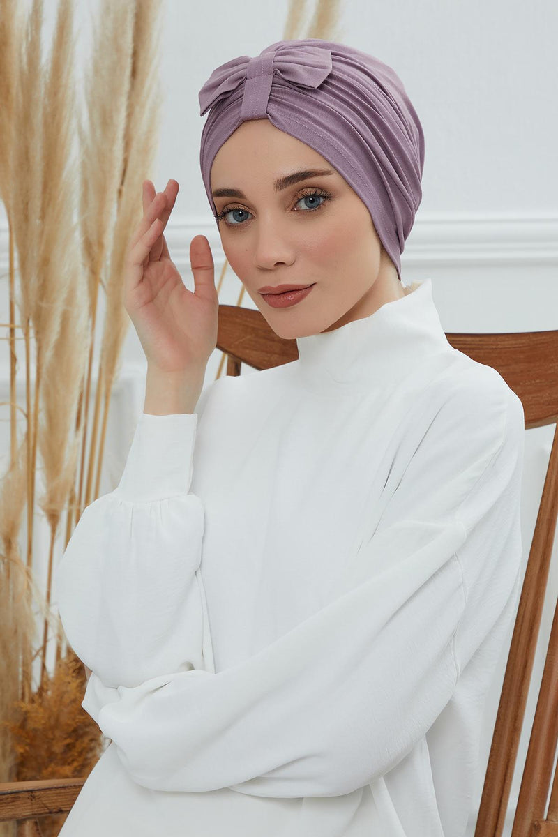 Stylish Bowtie Instant Turban Hijab Bonnet Cap for Women, Easy to Wear Jersey Headwrap with Chic Knot Detail, Modern Modest Fashion,B-7 Lilac