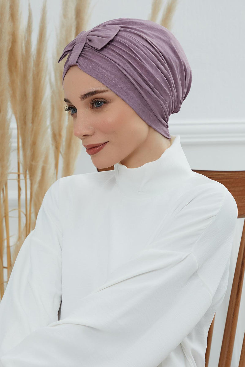 Stylish Bowtie Instant Turban Hijab Bonnet Cap for Women, Easy to Wear Jersey Headwrap with Chic Knot Detail, Modern Modest Fashion,B-7 Lilac