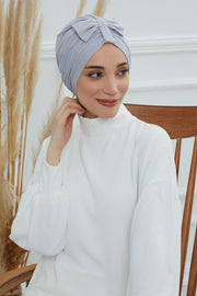 Stylish Bowtie Instant Turban Hijab Bonnet Cap for Women, Easy to Wear Jersey Headwrap with Chic Knot Detail, Modern Modest Fashion,B-7 Grey 2