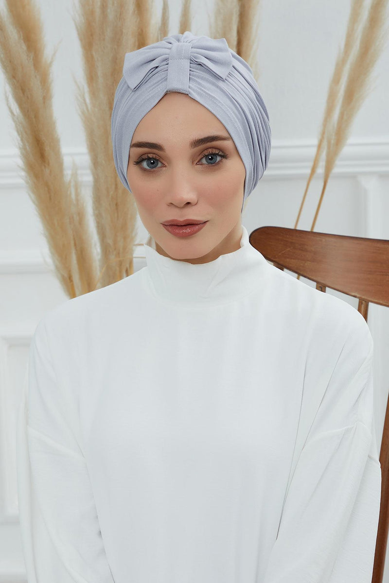Stylish Bowtie Instant Turban Hijab Bonnet Cap for Women, Easy to Wear Jersey Headwrap with Chic Knot Detail, Modern Modest Fashion,B-7 Grey 2