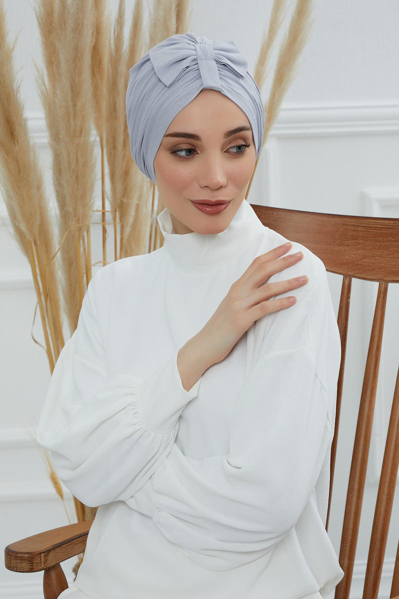 Stylish Bowtie Instant Turban Hijab Bonnet Cap for Women, Easy to Wear Jersey Headwrap with Chic Knot Detail, Modern Modest Fashion,B-7 Grey 2