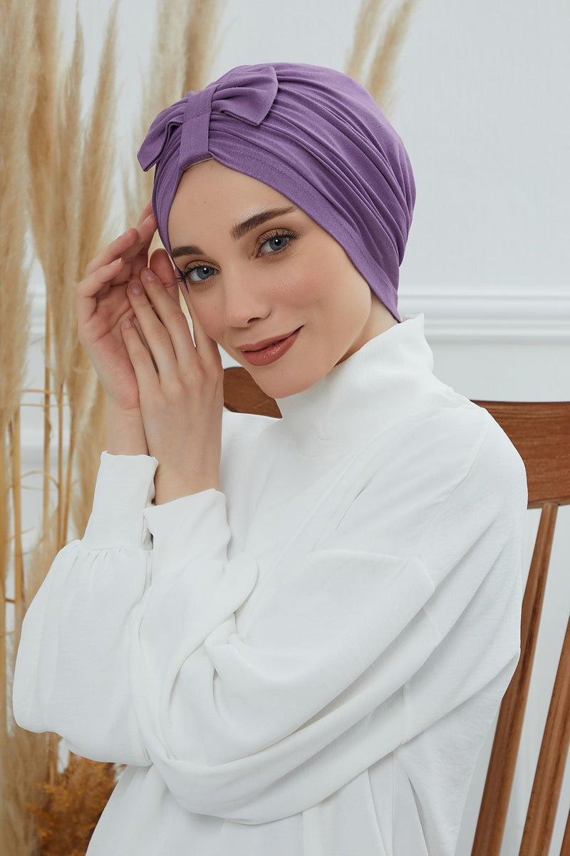 Stylish Bowtie Instant Turban Hijab Bonnet Cap for Women, Easy to Wear Jersey Headwrap with Chic Knot Detail, Modern Modest Fashion,B-7 Purple 2