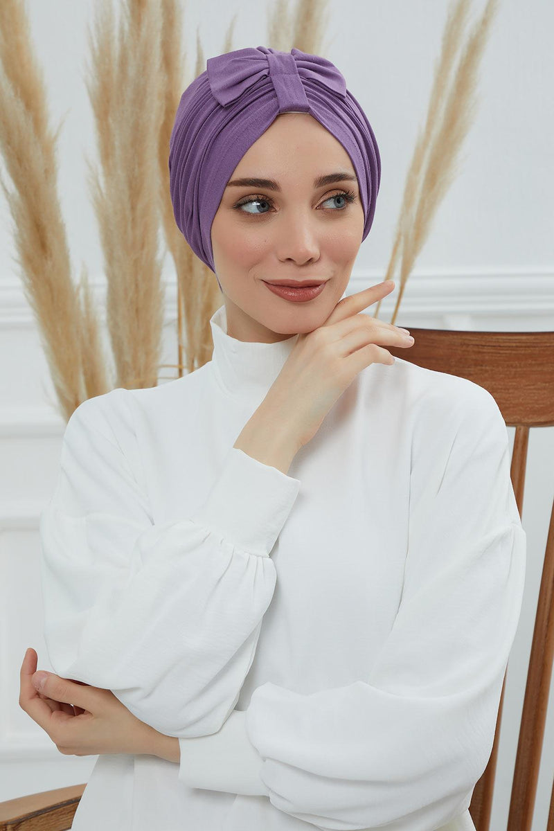 Stylish Bowtie Instant Turban Hijab Bonnet Cap for Women, Easy to Wear Jersey Headwrap with Chic Knot Detail, Modern Modest Fashion,B-7 Purple 2