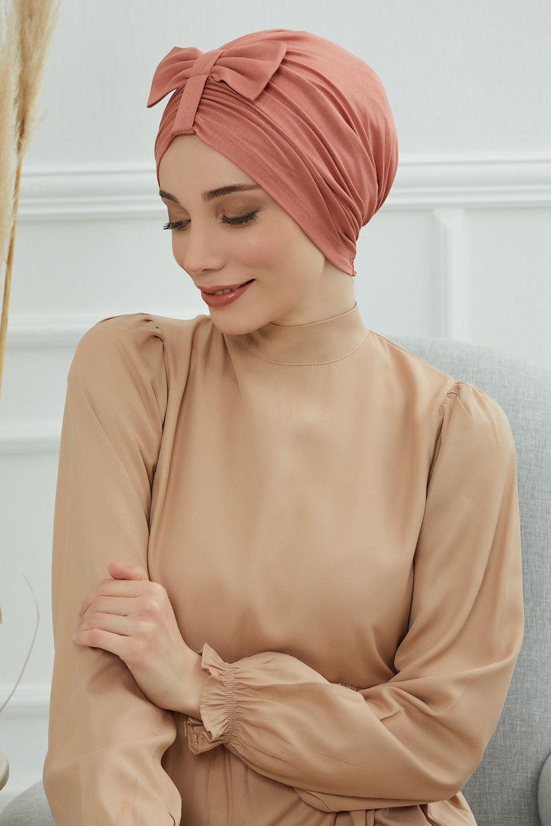 Stylish Bowtie Instant Turban Hijab Bonnet Cap for Women, Easy to Wear Jersey Headwrap with Chic Knot Detail, Modern Modest Fashion,B-7 Salmon