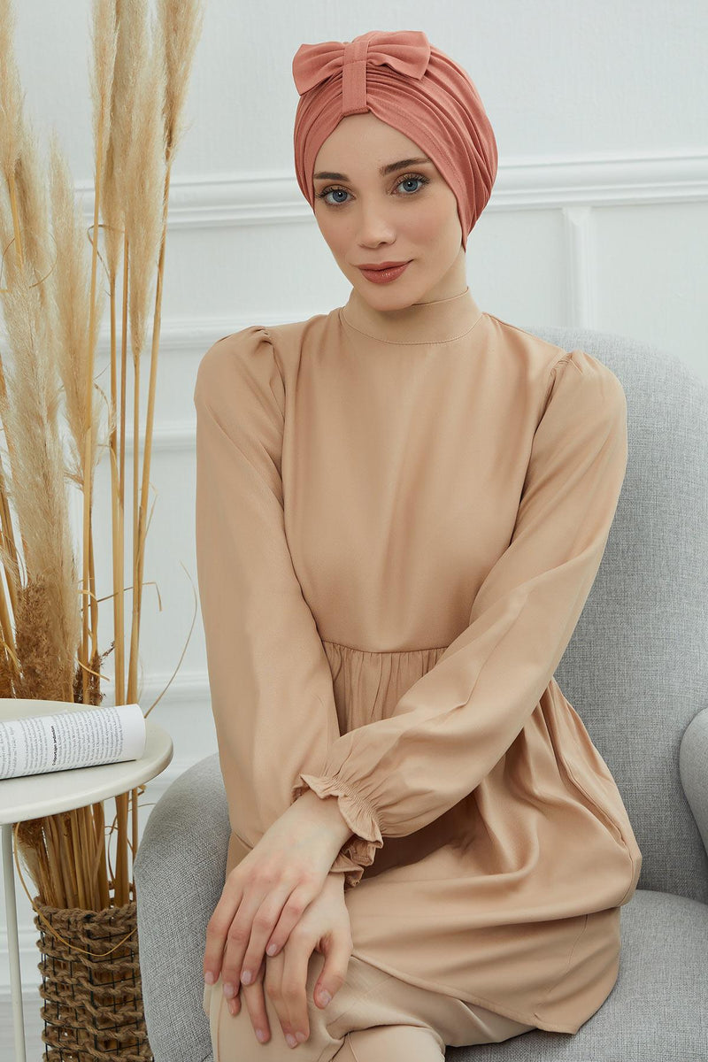 Stylish Bowtie Instant Turban Hijab Bonnet Cap for Women, Easy to Wear Jersey Headwrap with Chic Knot Detail, Modern Modest Fashion,B-7 Salmon