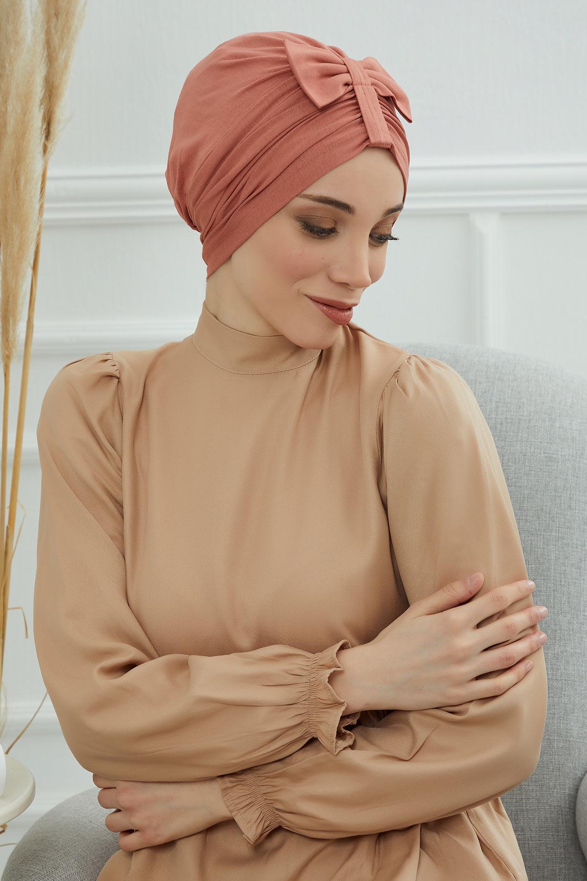 Stylish Bowtie Instant Turban Hijab Bonnet Cap for Women, Easy to Wear Jersey Headwrap with Chic Knot Detail, Modern Modest Fashion,B-7 Salmon