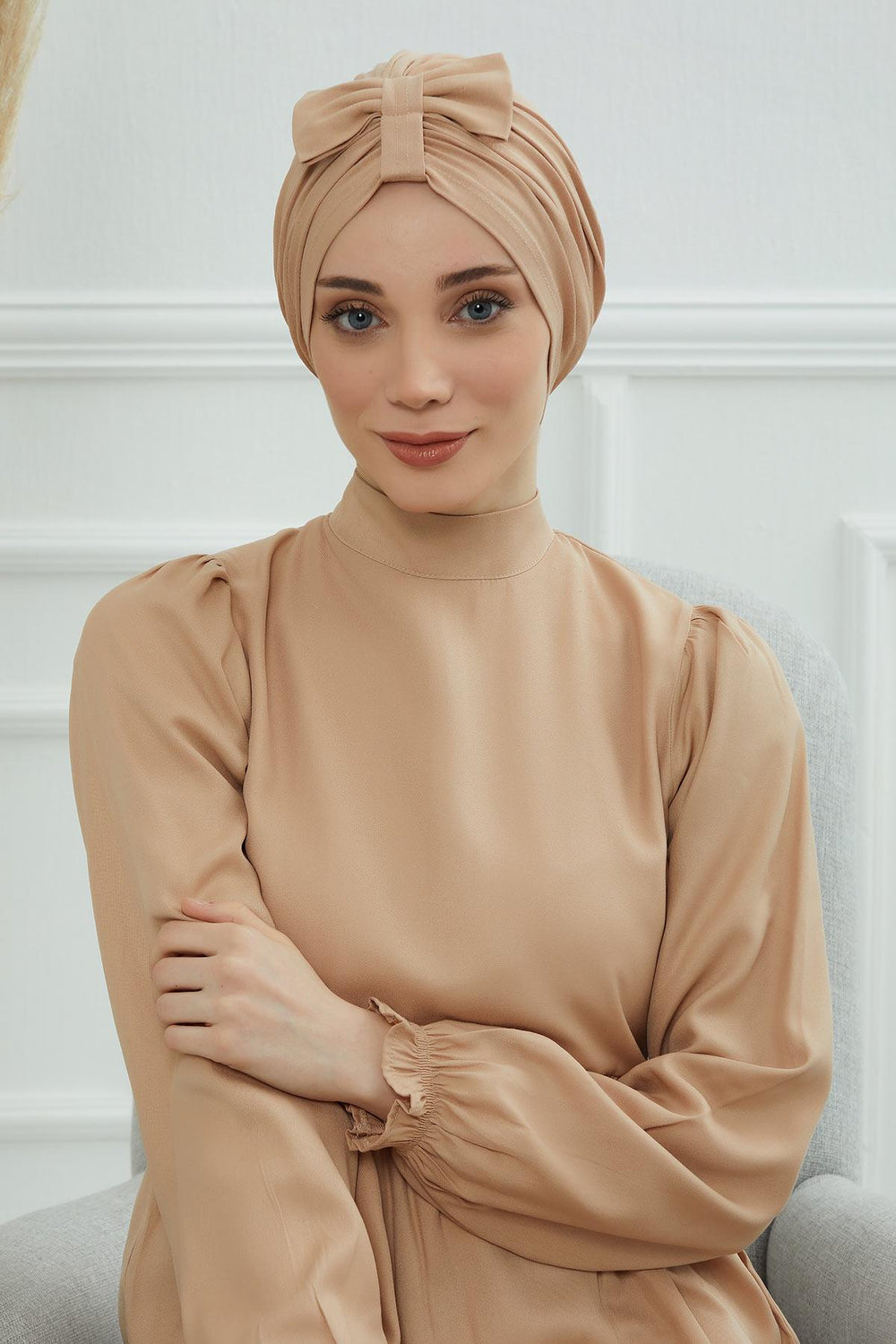 Stylish Bowtie Instant Turban Hijab Bonnet Cap for Women, Easy to Wear Jersey Headwrap with Chic Knot Detail, Modern Modest Fashion,B-7 Sand Brown