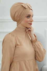 Stylish Bowtie Instant Turban Hijab Bonnet Cap for Women, Easy to Wear Jersey Headwrap with Chic Knot Detail, Modern Modest Fashion,B-7 Sand Brown