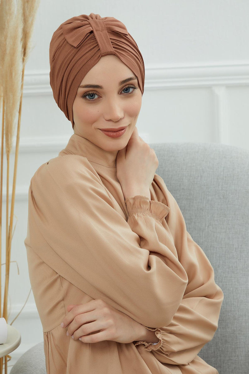 Stylish Bowtie Instant Turban Hijab Bonnet Cap for Women, Easy to Wear Jersey Headwrap with Chic Knot Detail, Modern Modest Fashion,B-7 Caramel Brown